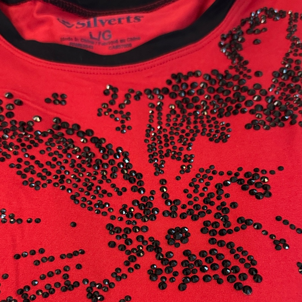 Silverts, Adaptive Clothing, Red with Black Shimmer Floral design Top SZ:L - Picture 7 of 7